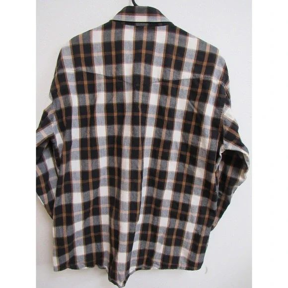 Wrangler Mens Western Shirt Large Plaid Pearl Snap Long Sleeve Black Brown - Picture 4 of 6